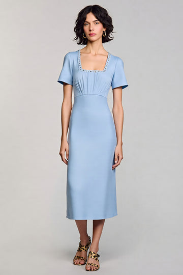 Sky Blue Sheath Square Neck Midi Dress